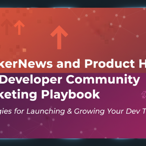 Blog banner with title 'HackerNews and Product Hunt: The Developer Community Marketing Playbook' in modern font.