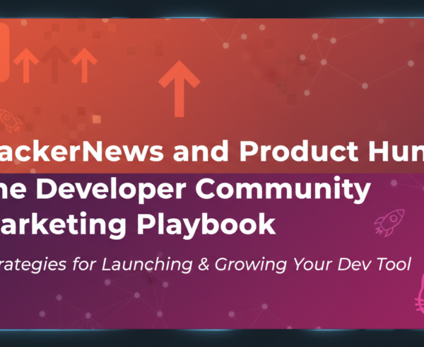 Blog banner with title 'HackerNews and Product Hunt: The Developer Community Marketing Playbook' in modern font.