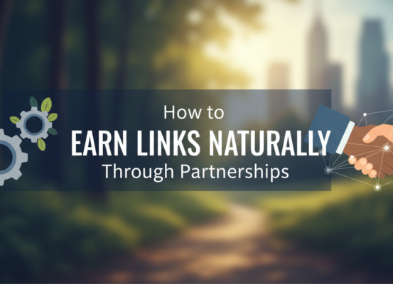 Blog banner with title 'How to Earn Links Naturally Through Partnerships' in bold text
