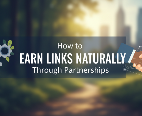 Blog banner with title 'How to Earn Links Naturally Through Partnerships' in bold text