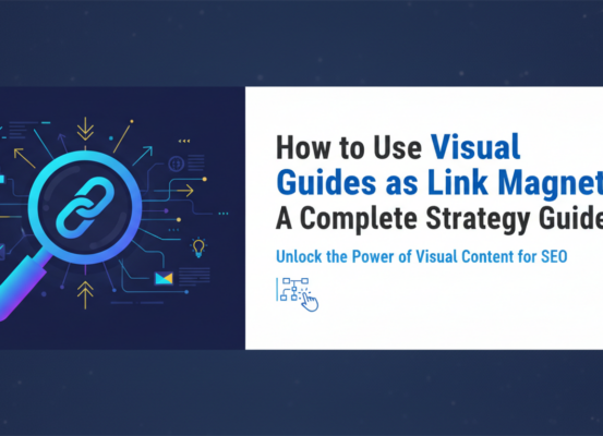 Blog banner with title 'How to Use Visual Guides as Link Magnets: A Complete Strategy Guide' on a vibrant background.