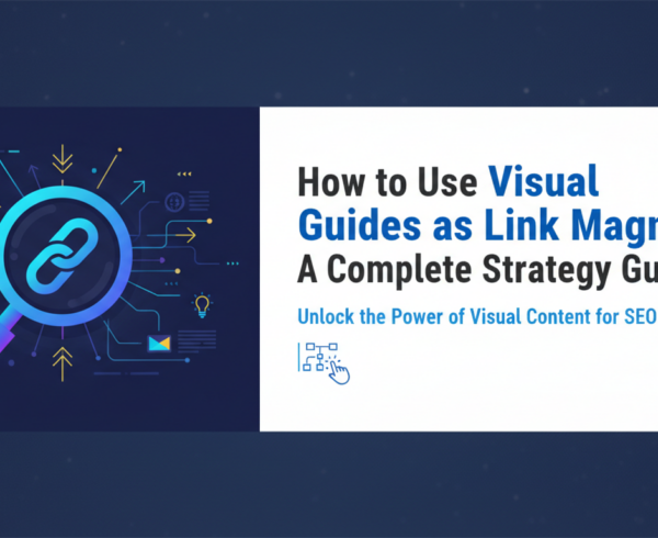 Blog banner with title 'How to Use Visual Guides as Link Magnets: A Complete Strategy Guide' on a vibrant background.