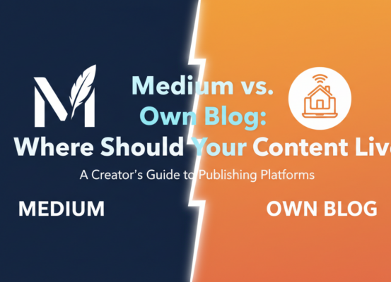 Blog banner with title 'Medium vs. Own Blog: Where Should Your Content Live?' on a digital-themed background.