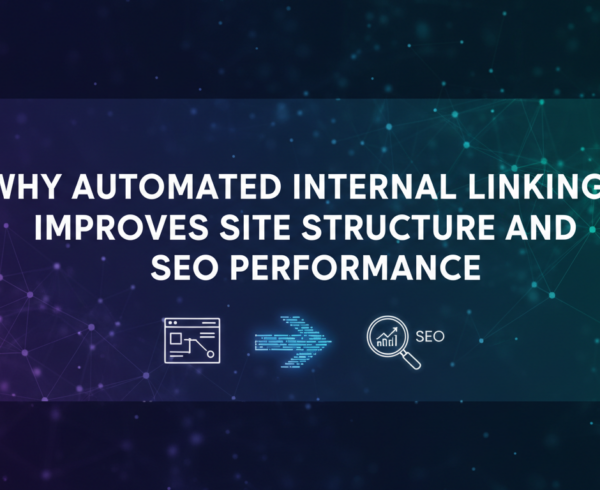 Blog banner with title 'Why Automated Internal Linking Improves SEO Performance', featuring digital network nodes.