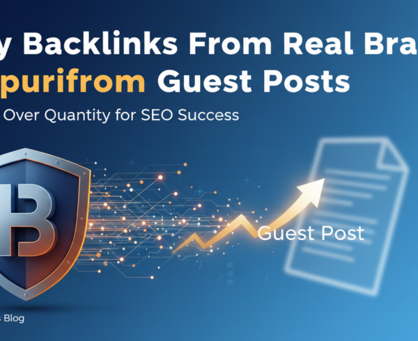 Blog banner with title 'Why Backlinks From Real Brands Outperform Guest Posts' in bold font on a colorful background.