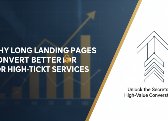 Blog banner with title 'Why Long Landing Pages Convert Better for High-Ticket Services' in bold font.