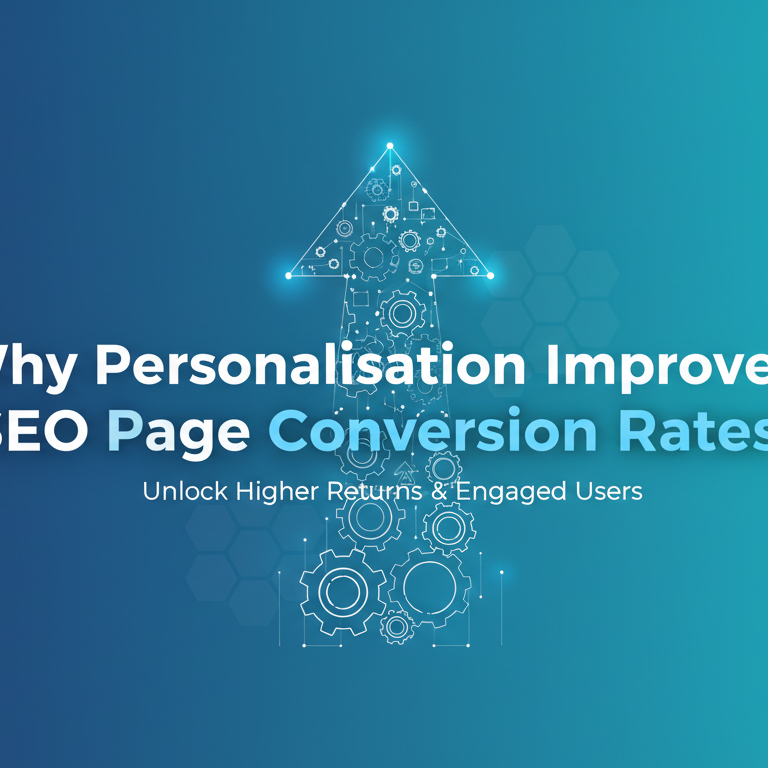 Blog banner with title 'Why Personalisation Improves SEO Page Conversion Rates' in bold letters on a vibrant background.
