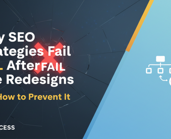 Blog banner with title 'Why SEO Strategies Fail After Site Redesigns (And How to Prevent It)'
