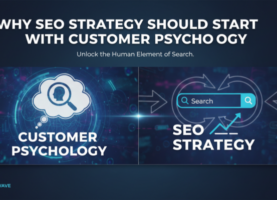 Blog banner with 'Why SEO Strategy Should Start With Customer Psychology' title over a digital marketing theme.