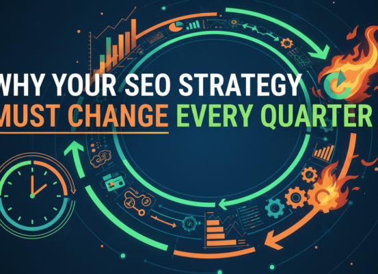 Blog banner with 'Why Your SEO Strategy Must Change Every Quarter' in bold.