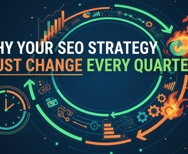 Blog banner with 'Why Your SEO Strategy Must Change Every Quarter' in bold.