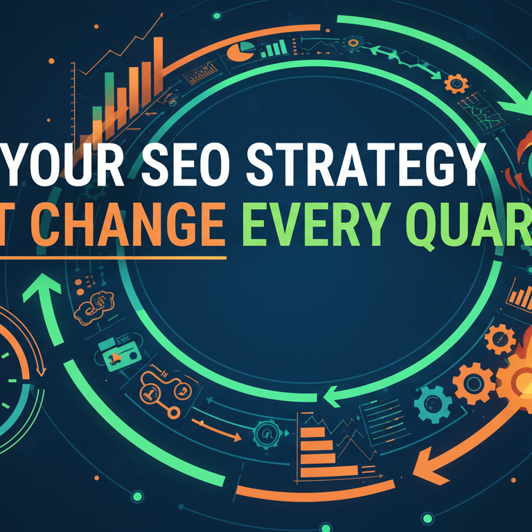 Blog banner with 'Why Your SEO Strategy Must Change Every Quarter' in bold.