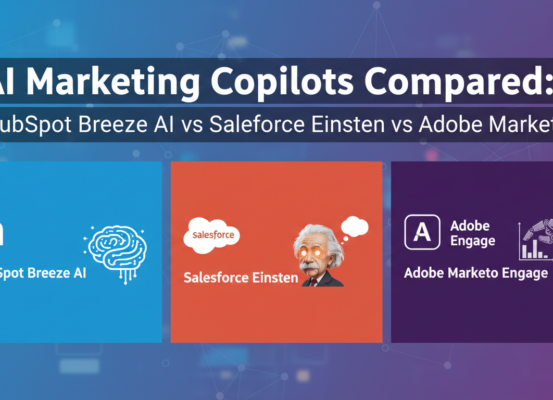 Blog post banner titled 'AI Marketing Copilots Compared: HubSpot Breeze AI vs Salesforce Einstein vs Adobe Marketo'