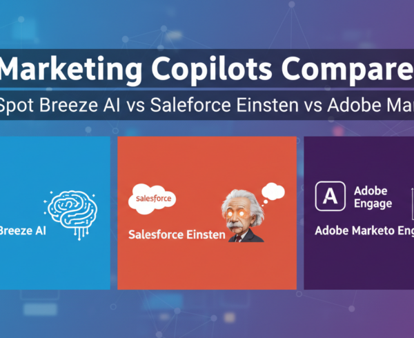 Blog post banner titled 'AI Marketing Copilots Compared: HubSpot Breeze AI vs Salesforce Einstein vs Adobe Marketo'