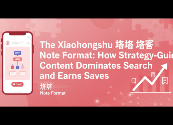 A blog banner titled 'The Xiaohongshu 攻略 Note Format: How Strategy-Guide Content Dominates Search and Earns Saves' with elegant typography and vibrant design.