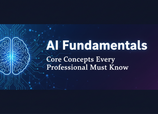 Banner titled 'AI Fundamentals: Core Concepts Every Professional Must Know' with a tech-themed design.