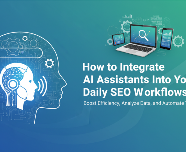 Banner titled 'How to Integrate AI Assistants Into Your Daily SEO Workflows' with abstract tech design