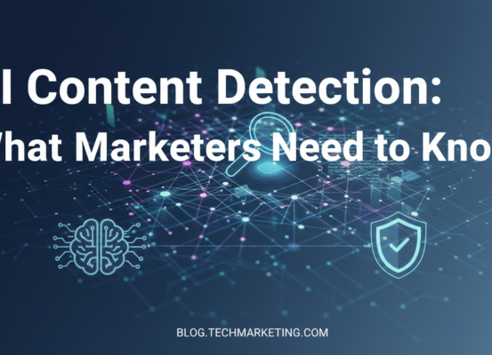 Banner with 'AI Content Detection: What Marketers Need to Know' in bold, futuristic design.