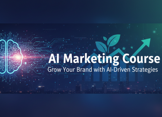 Banner with 'AI Marketing Course: Grow Your Brand with AI-Driven Strategies' in bold text; digital-themed background.