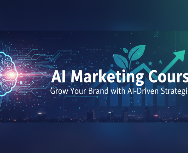 Banner with 'AI Marketing Course: Grow Your Brand with AI-Driven Strategies' in bold text; digital-themed background.