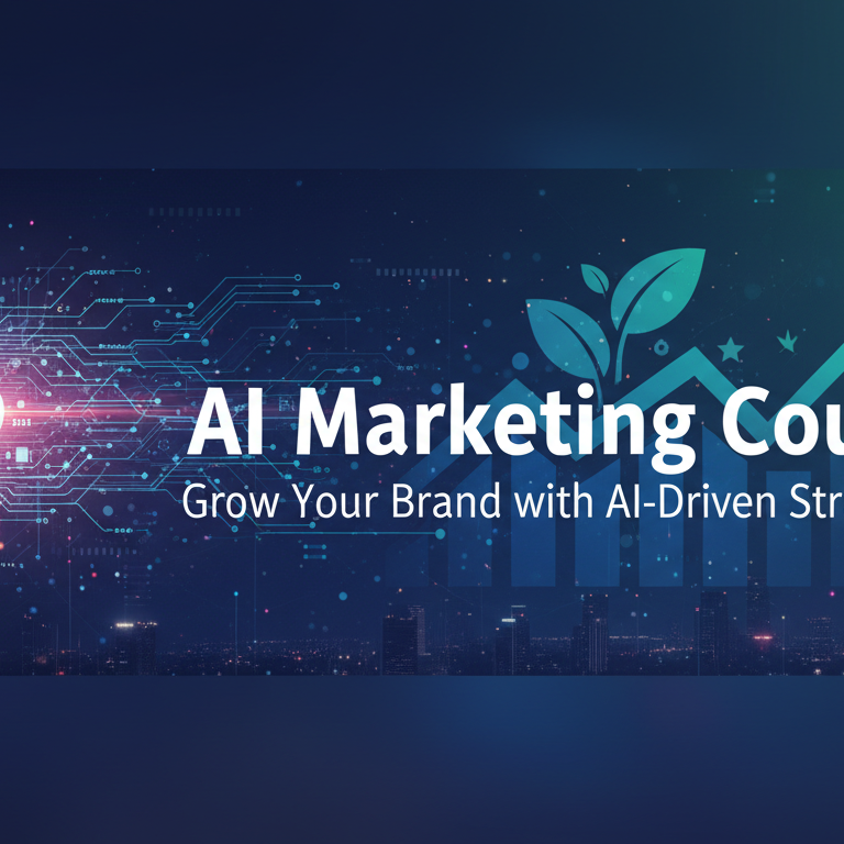 Banner with 'AI Marketing Course: Grow Your Brand with AI-Driven Strategies' in bold text; digital-themed background.