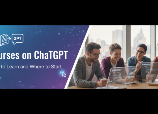Banner with 'Courses on ChatGPT: What to Learn and Where to Start' title in bold font.
