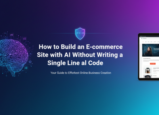 Banner with text: 'How to Build an E-commerce Site with AI Without Writing a Single Line of Code', featuring a futuristic cityscape background.