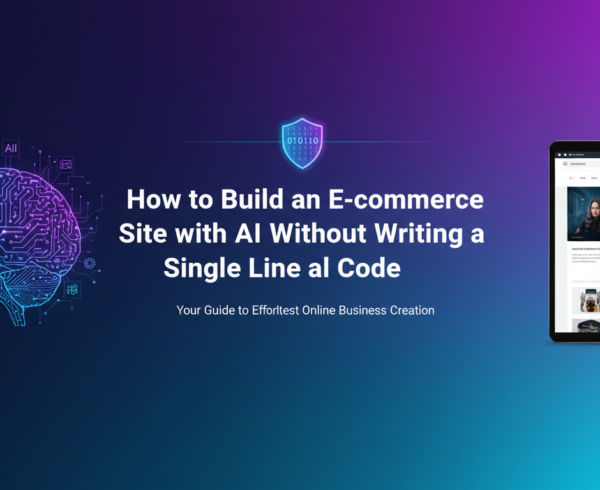 Banner with text: 'How to Build an E-commerce Site with AI Without Writing a Single Line of Code', featuring a futuristic cityscape background.