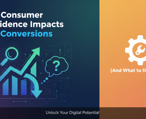 Banner with title 'Why Consumer Confidence Impacts SEO Conversions' on a digital marketing-themed background.