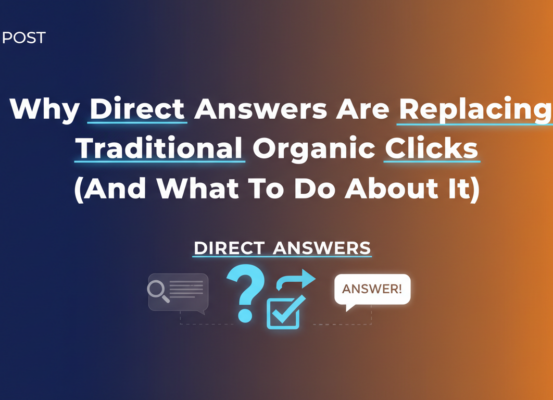 Banner with title 'Why Direct Answers Are Replacing Traditional Organic Clicks' on a tech-themed background.