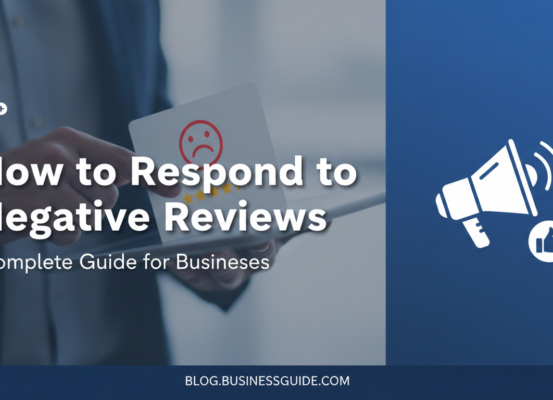 Blog banner titled 'How to Respond to Negative Reviews: Complete Guide for Businesses' with modern design elements.