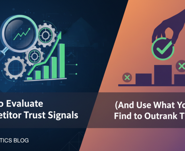 Blog banner with title 'How to Evaluate Competitor Trust Signals and Outrank Them', featuring strategic icons