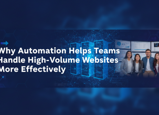 Blog banner with title 'Why Automation Helps Teams Handle High-Volume Websites More Effectively' in bold font.