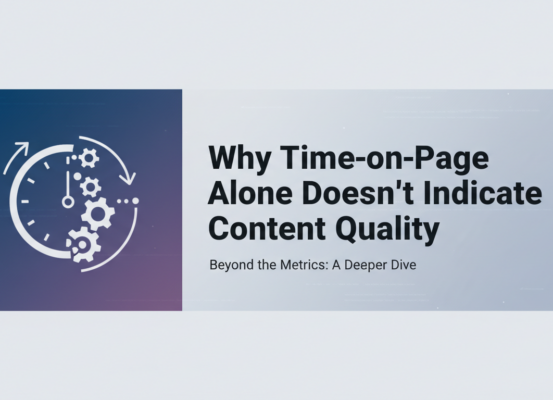 Blog banner with title 'Why Time-on-Page Alone Doesn't Indicate Content Quality' on a modern abstract background.