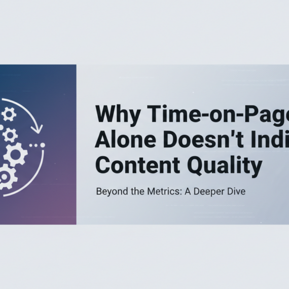 Blog banner with title 'Why Time-on-Page Alone Doesn't Indicate Content Quality' on a modern abstract background.