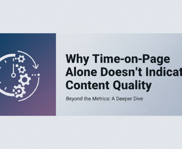 Blog banner with title 'Why Time-on-Page Alone Doesn't Indicate Content Quality' on a modern abstract background.