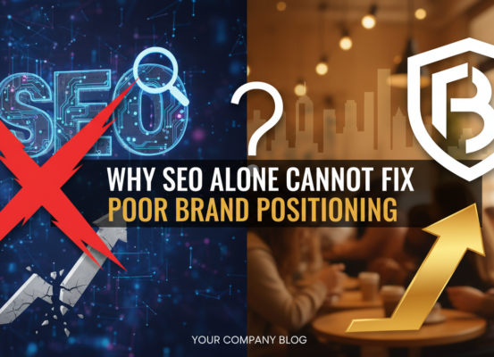 Blog banner with 'Why SEO Alone Cannot Fix Poor Brand Positioning' title on a vibrant background