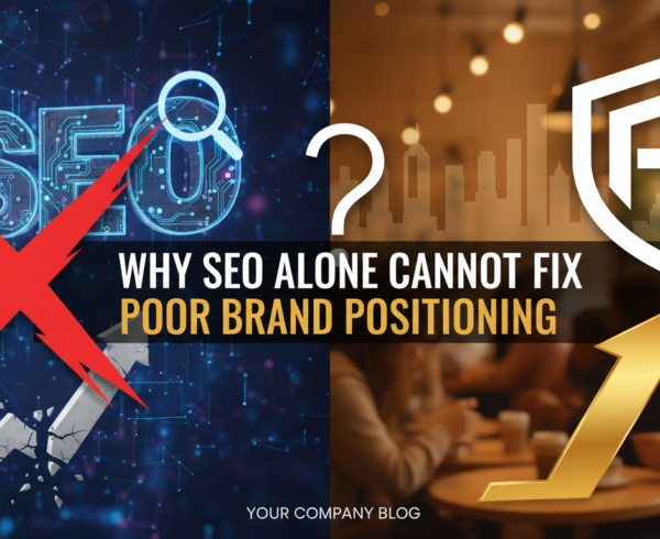 Blog banner with 'Why SEO Alone Cannot Fix Poor Brand Positioning' title on a vibrant background