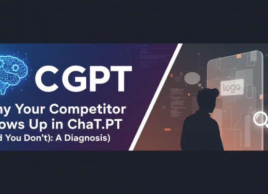 Blog post banner titled 'Why Your Competitor Shows Up in ChatGPT (And You Don't): A Diagnosis' with a competitive analysis theme.