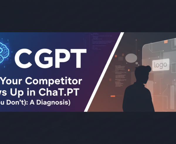 Blog post banner titled 'Why Your Competitor Shows Up in ChatGPT (And You Don't): A Diagnosis' with a competitive analysis theme.
